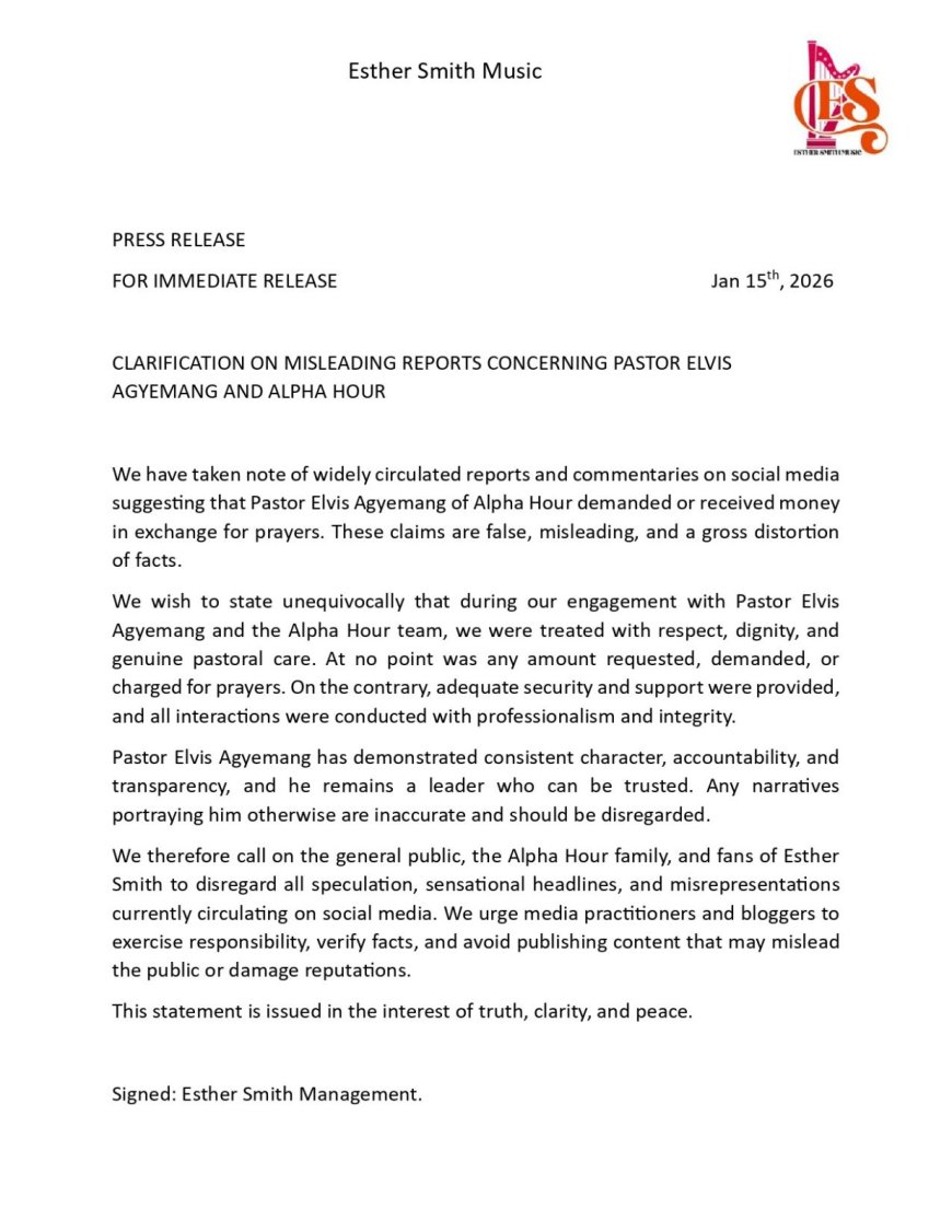 Esther Smith Management Refutes Claims Against Pastor Elvis Agyemang Over Prayer Allegations