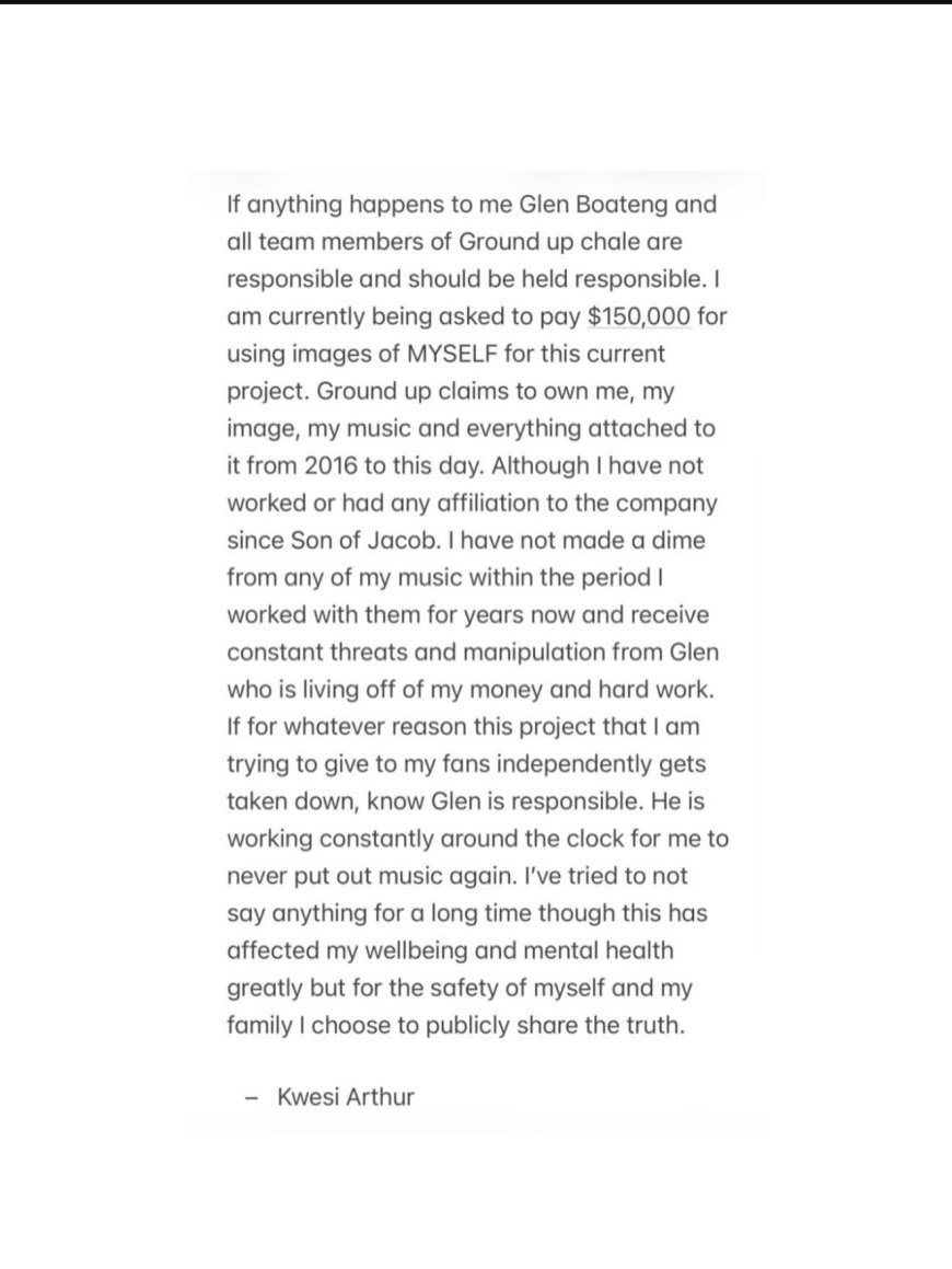 "Blame Glen Boateng and Ground Up If Anything Happens to Me” – Kwesi Arthur Raises Alarm