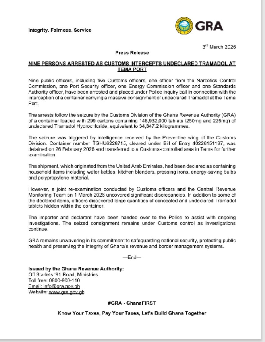 Customs Officers Uncover 146.9 Million Tramadol Tablets at Tema Port